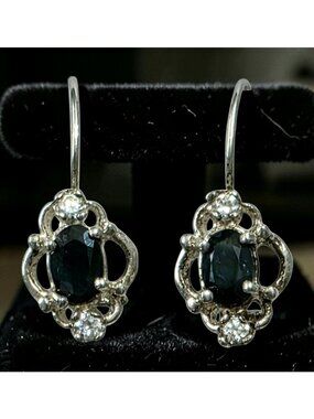 Vintage Sterling Silver Sapphire Oval Drop Earrings Rhinestone Formal Victorian